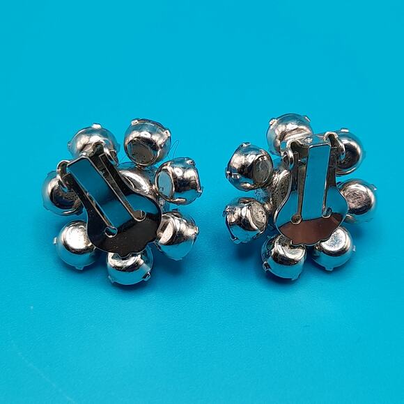 Vintage Light Blue Rhinestone Clip Earrings, Faux Moonstone, Silver Tone - Picture 11 of 11